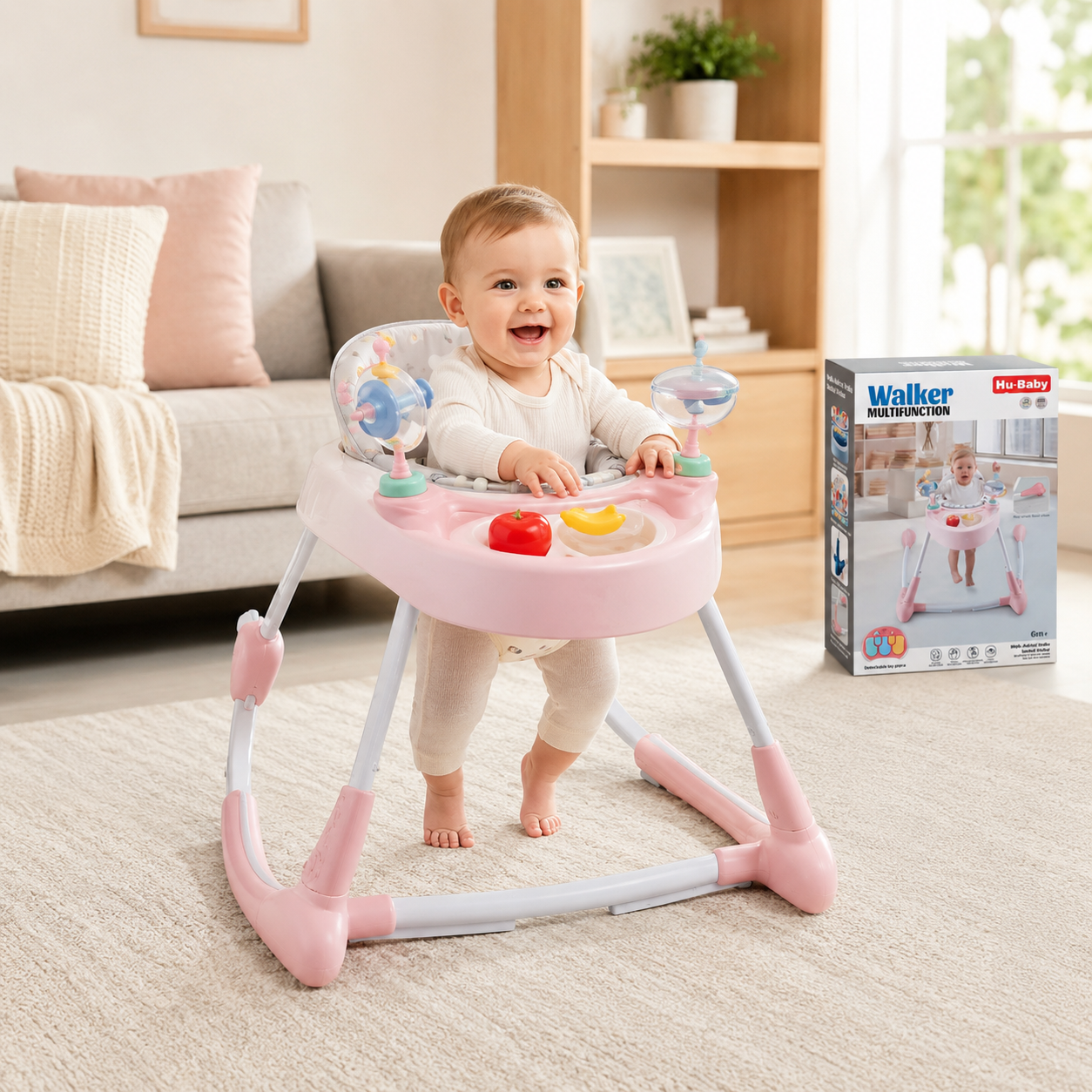 Baby playing in pink foldable baby walker with activity toy tray at home in Kuwait